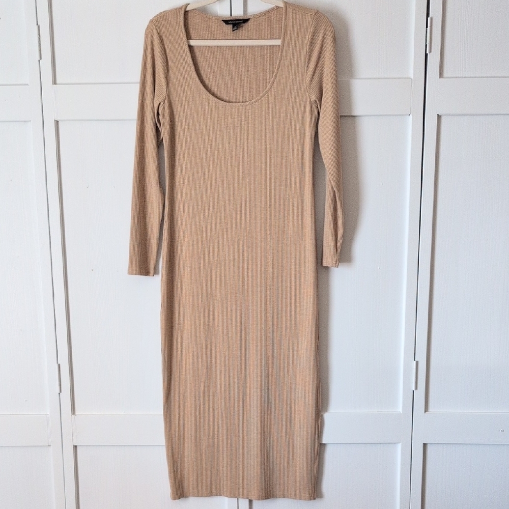 Banana Republic Tan Long Sleeve Ribbed Knit Scoop Neck Bodycon Dress Size Small